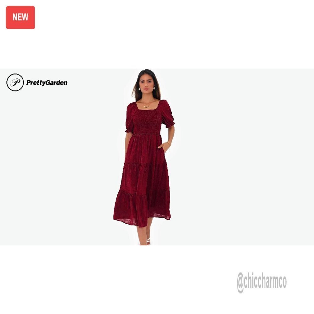 Women's Summer Midi Dress Square Neck Smocked Boho Flowy A-Line - Picture 8 of 8